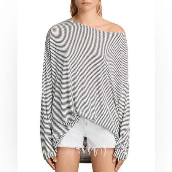 AllSaints Rita Stripe Tee Long Sleeve Boat Neck Oversized Modern Parisian M - Picture 3 of 14
